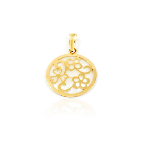 Colgante Oro Amarillo 18K Nacar Redondo Flores Brillo