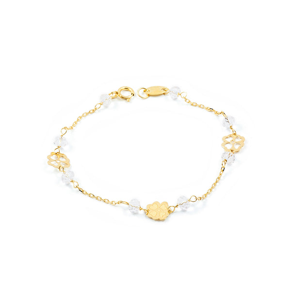 Bracciale Ragazza Oro Giallo 18K Fiori Rosa Opachi Brillanti 13 cm