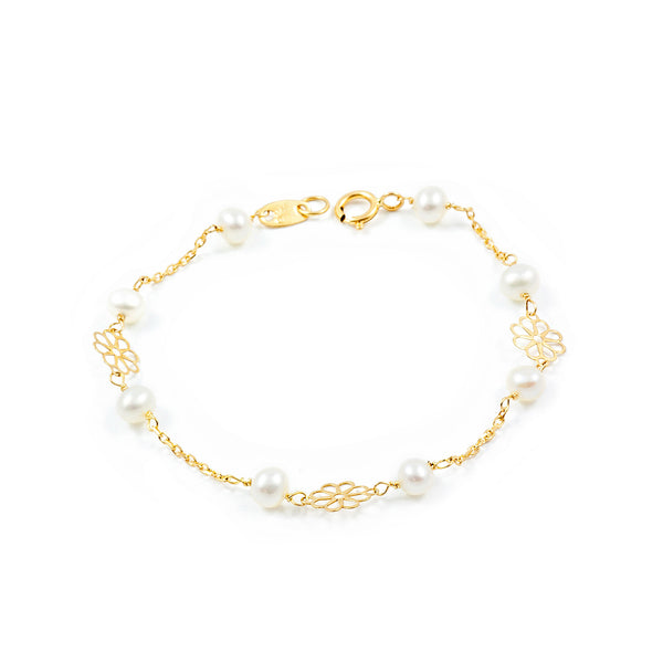 Bracciale Ragazza Oro Giallo 18K Perla Roton3,5 mm Fiori Brillanti 13 cm