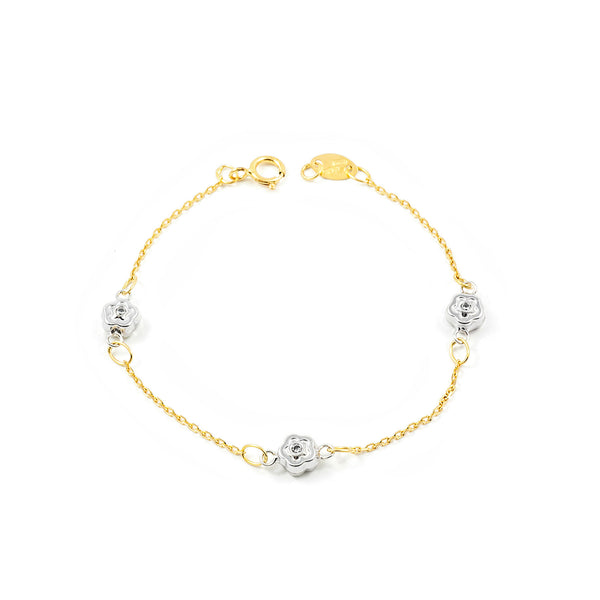 Bracciale Ragazza Oro Bicolore 18K Fiori Circonite Brillanti 15 cm