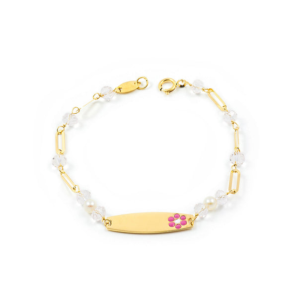 Bracciale Ragazza Oro Giallo 18K Personalizzata Schiava Fiori Zirconite Perla 3,5 mm Brillante 14 cm