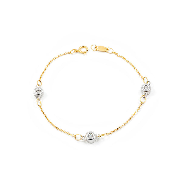 Bracciale Ragazza Oro Bicolore 18K Charm Rotondi Zirconite Brillante 15 cm