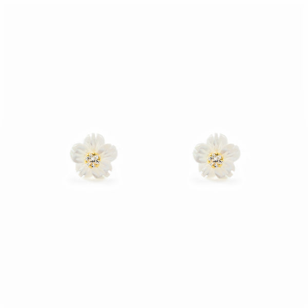 Pendientes Niña Oro Amarillo 18K Nacar Flor Circonita 2 mm Brillo