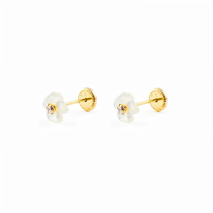 Pendientes bebe o Niña Flor Nacar 5 Petalos Circonita (9kts)