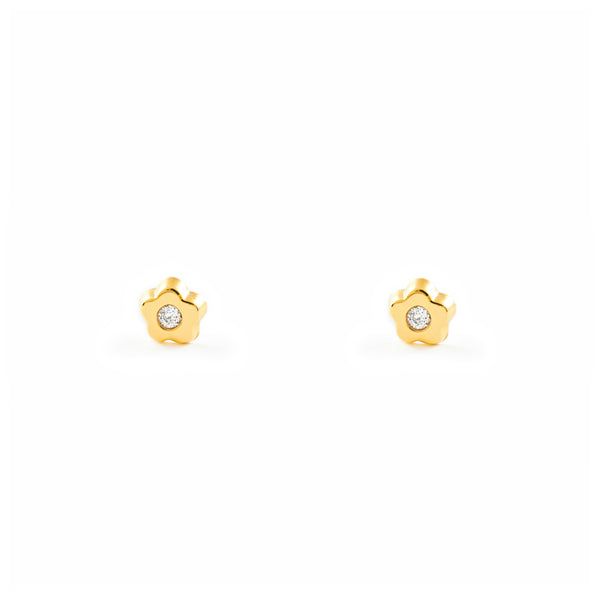 Pendientes Bebe Oro Amarillo 18K Flor Margarita Circonita Brillo