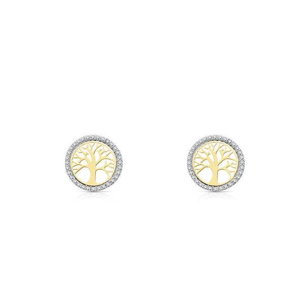 Pendientes Mujer-Niña Oro Bicolor 9K Arbol de la vida Circonitas Brillo