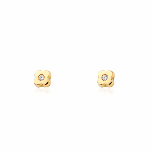 Pendientes Bebe Oro Amarillo 9K Trebol Circonita Brillo