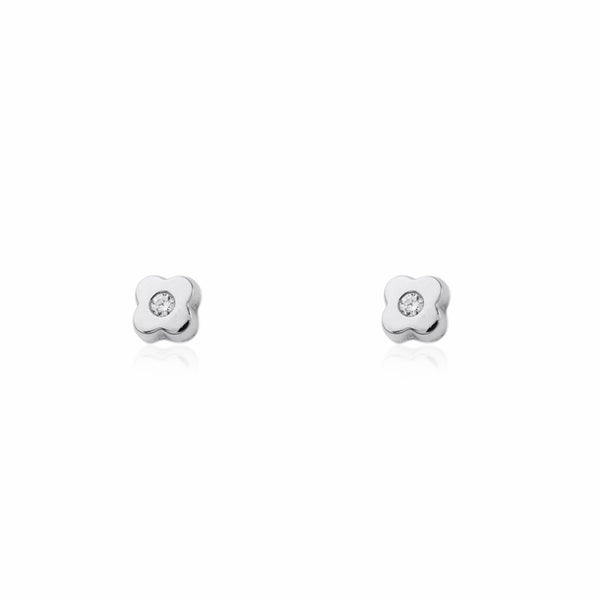 Pendientes Bebe Oro Blanco 9K Trebol Circonita Brillo