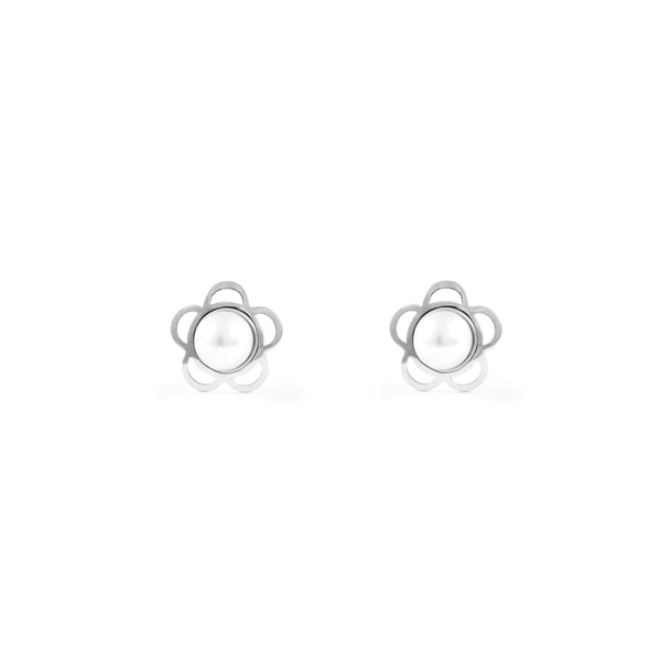 Pendientes Bebe-Niña Oro Blanco 9K Perla Botón 3,5 mm Flor Margarita Brillo