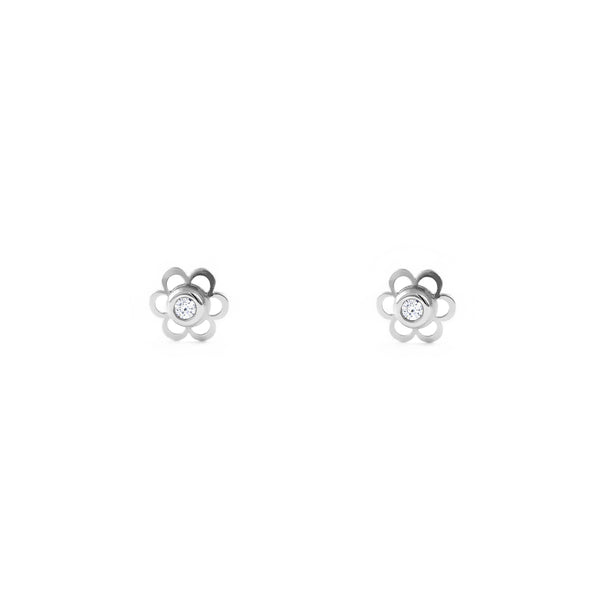 Pendientes Bebe-Niña Oro Blanco 9K Flor Margarita Circonita Brillo