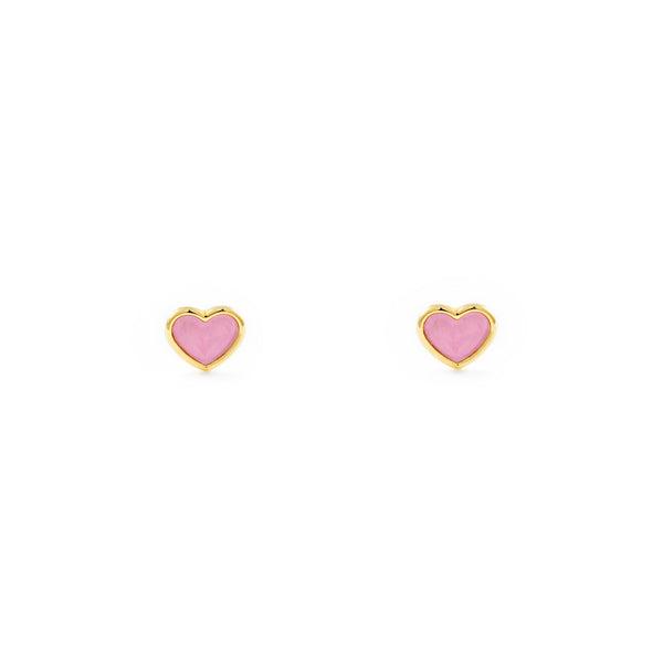 Pendientes Niña Oro Amarillo 9K Corazón Esmalte Rosa Brillo