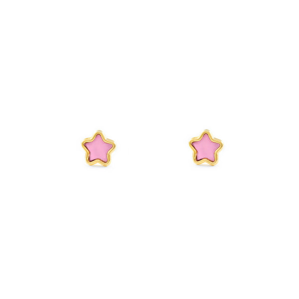 Pendientes Niña Oro Amarillo 9K Estrella Esmalte Rosa Brillo