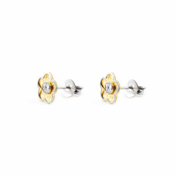 Pendientes Niña Bicolor Flor 5 Petalos con Circonita Centro
