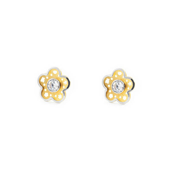 Orecchini ragazza donna Fiore Zircone Bicolore 18K opaca e brillante