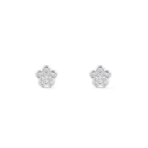 Pendientes Bebe-Niña Oro Blanco 9K Flor Circonitas Brillo