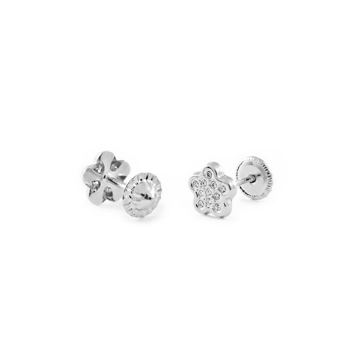 Pendientes Bebe o Niña Oro Blanco Flor 5 Petalos Circonitas (9kts)