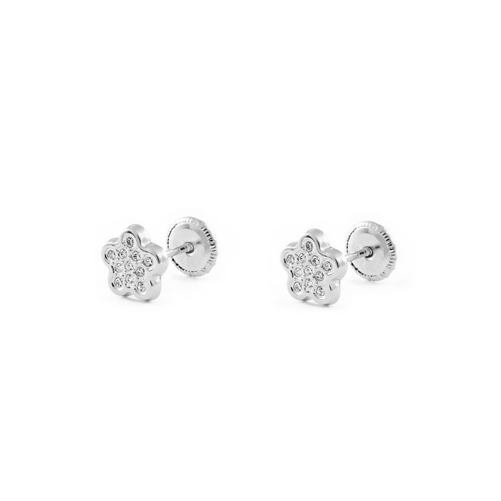 Pendientes Bebe o Niña Oro Blanco Flor 5 Petalos Circonitas (9kts)