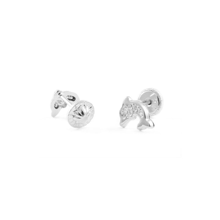 Pendientes Bebe o Niña Oro Blanco Delfin con Circonitas