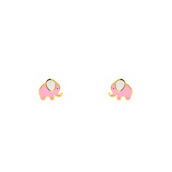 Orecchini bambini ragazza Smalto Rosa-Bianco Elefante Oro Giallo 18K