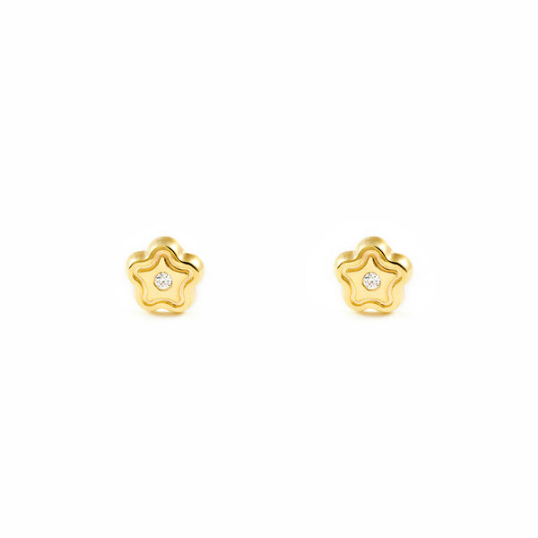 Pendientes Bebe-Niña Oro Amarillo 9K Flor Margarita Circonita Brillo