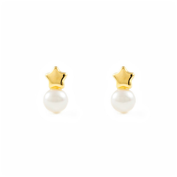 Pendientes Mujer-Niña Oro Amarillo 18K Tu y Yo Perla Botón 5 mm Estrella Brillo