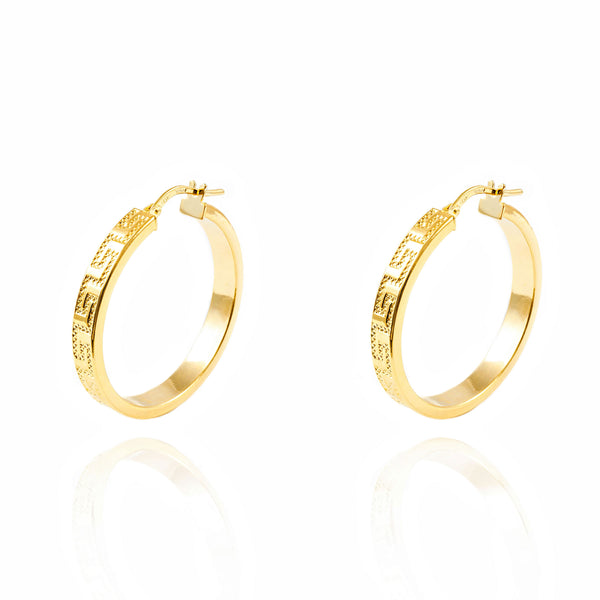 Pendientes Oro Amarillo 18K Aros Rectangular Greca 33 x 4 mm