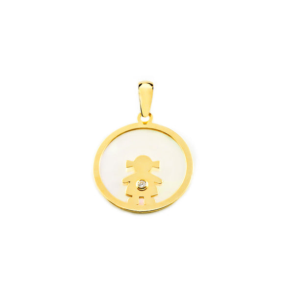 Pendente ciondolo brillante Madreperla Ragazza Zircone Oro Giallo 9K