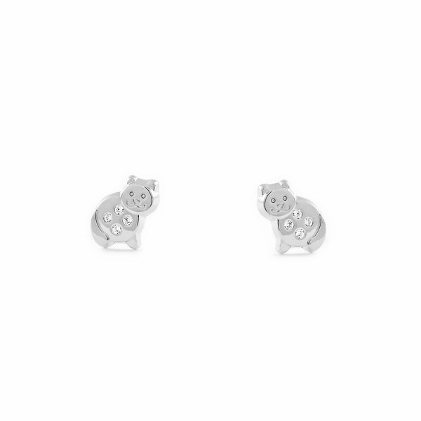 Pendientes Niña Oro Blanco 9K Gato Circonitas Brillo