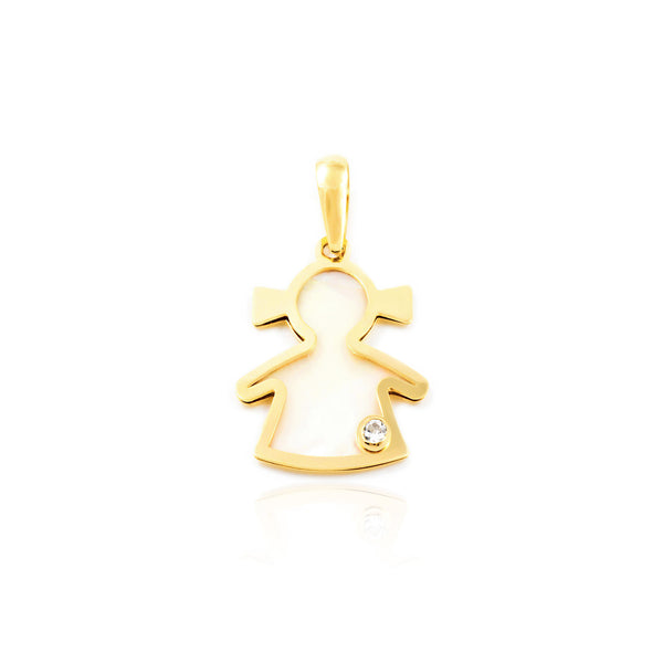 Pendente ciondolo brillante Madreperla Ragazza Zircone Oro Giallo 9K
