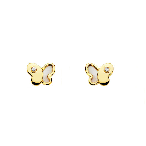 Pendientes Niña Oro Amarillo 9K Nacar Mariposa Circonita Brillo