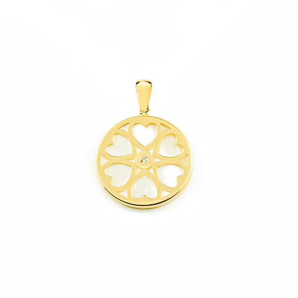 Colgante Oro Amarillo 9K Nacar Redondo Corazones Circonita Brillo